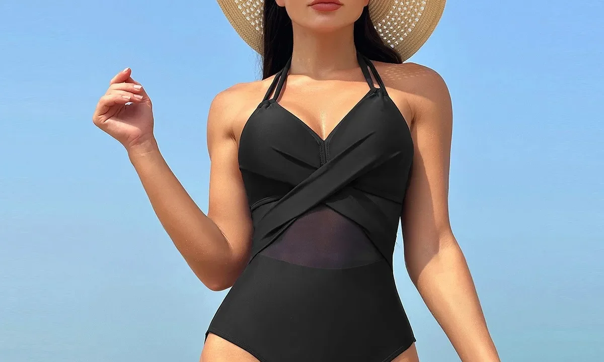 Black Halter Neck Bikini com Painel em Tule e Detalhes em Alça – Oferta Imperdível