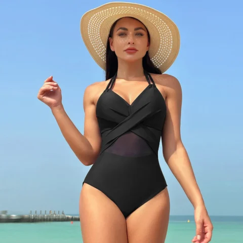 Black Halter Neck Bikini com Painel em Tule e Detalhes em Alça – Oferta Imperdível