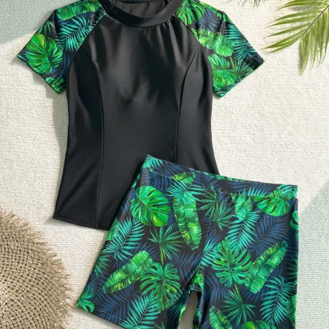 Conjunto Tankini Feminino com Estampa Tropical – Praticidade e Estilo para suas Férias na Praia
