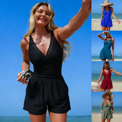 Maiô Preto com Decote V e Painel de Tule – Conforto e Estilo na Medida