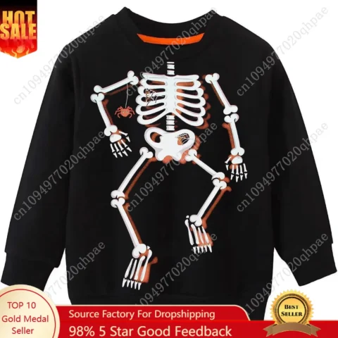 Camiseta Infantil de Halloween com Estampa de Abóbora e Esqueleto – Promoção Imperdível