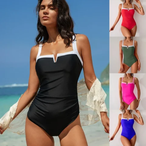 Maiô Feminino One Piece com Decote V e Cintura Franzida – Preto e Vermelho
