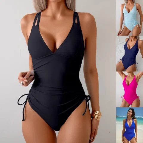 Maiô Preto Feminino com Decote V e Franzidos na Cintura – Conforto e Estilo para o Verão