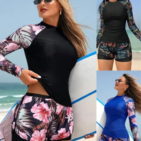 Y2k Tankini Feminino Manga Longa Floral – Conforto e Estilo na Praia
