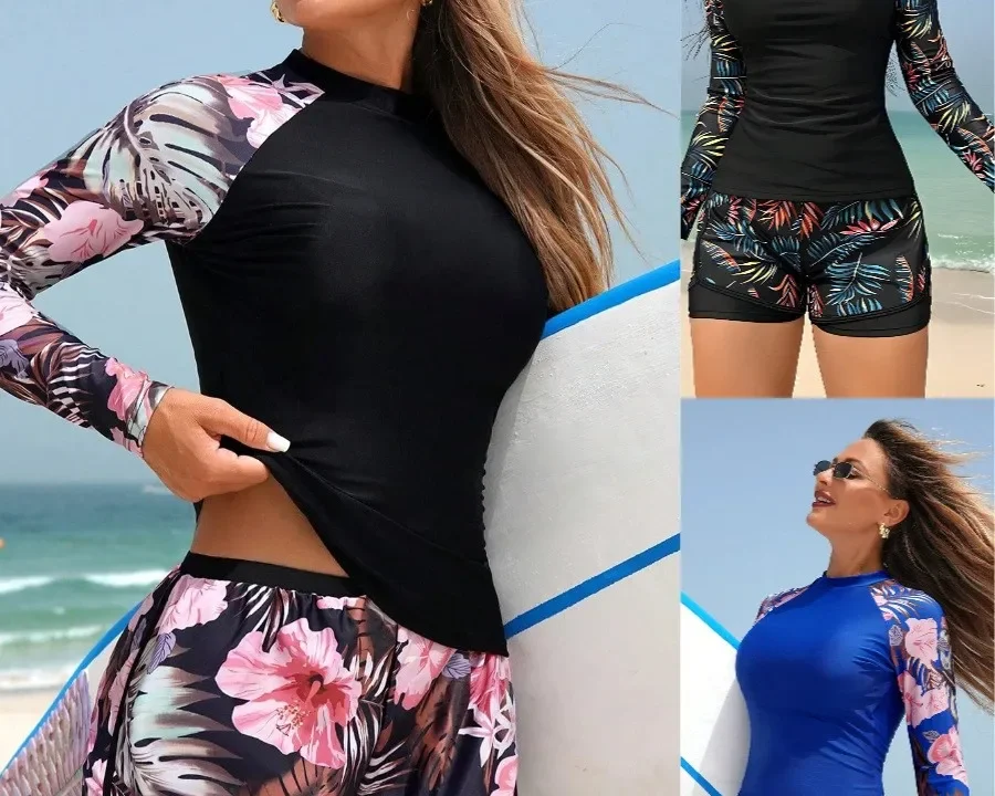 Y2k Tankini Feminino Manga Longa Floral – Conforto e Estilo na Praia