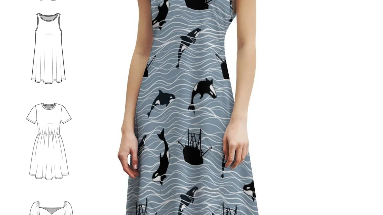 Vestido Elegante de Verão com Estampa de Baleias e Barcos – Oferta Imperdível