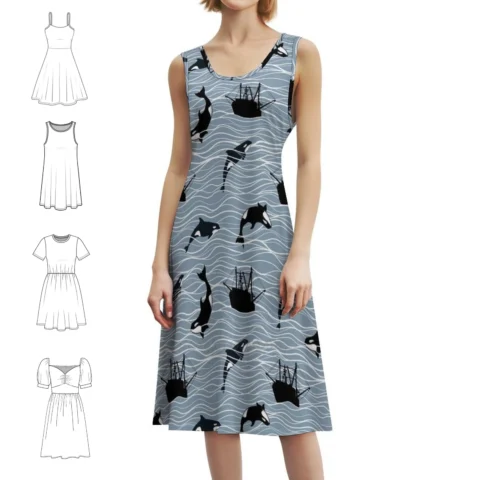 Vestido Elegante de Verão com Estampa de Baleias e Barcos – Oferta Imperdível