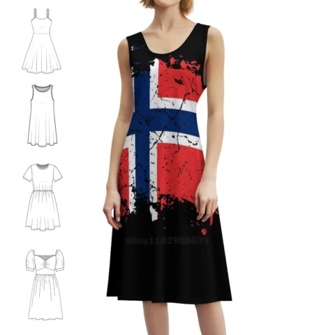 Vestido Elegante Feminino com Bandeira da Noruega – Opções Curtas, Longas e Sem Manga