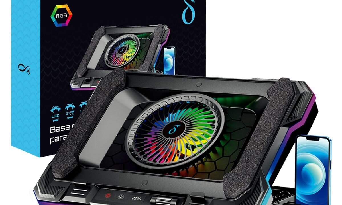 Base Cooler para Notebook RGB Aitek 7 Ângulos Ajustáveis com Suporte para Celular e Ventoinha 14cm – DELTA-B3112GG