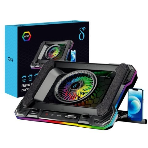 Base Cooler para Notebook RGB Aitek 7 Ângulos Ajustáveis com Suporte para Celular e Ventoinha 14cm – DELTA-B3112GG