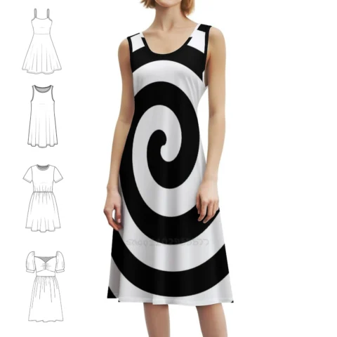 Vestido Casual Feminino Estilo Coreano Black White Spiral 2 – Promoção Imperdível