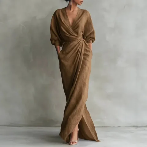 Vestido Longo Feminino com Decote V e Cintura Ajustada – Elegância e Conforto na Primavera 2026