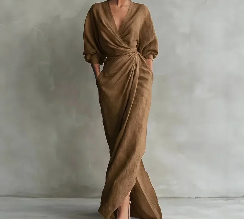 Vestido Longo Feminino com Decote V e Cintura Ajustada – Elegância e Conforto na Primavera 2026